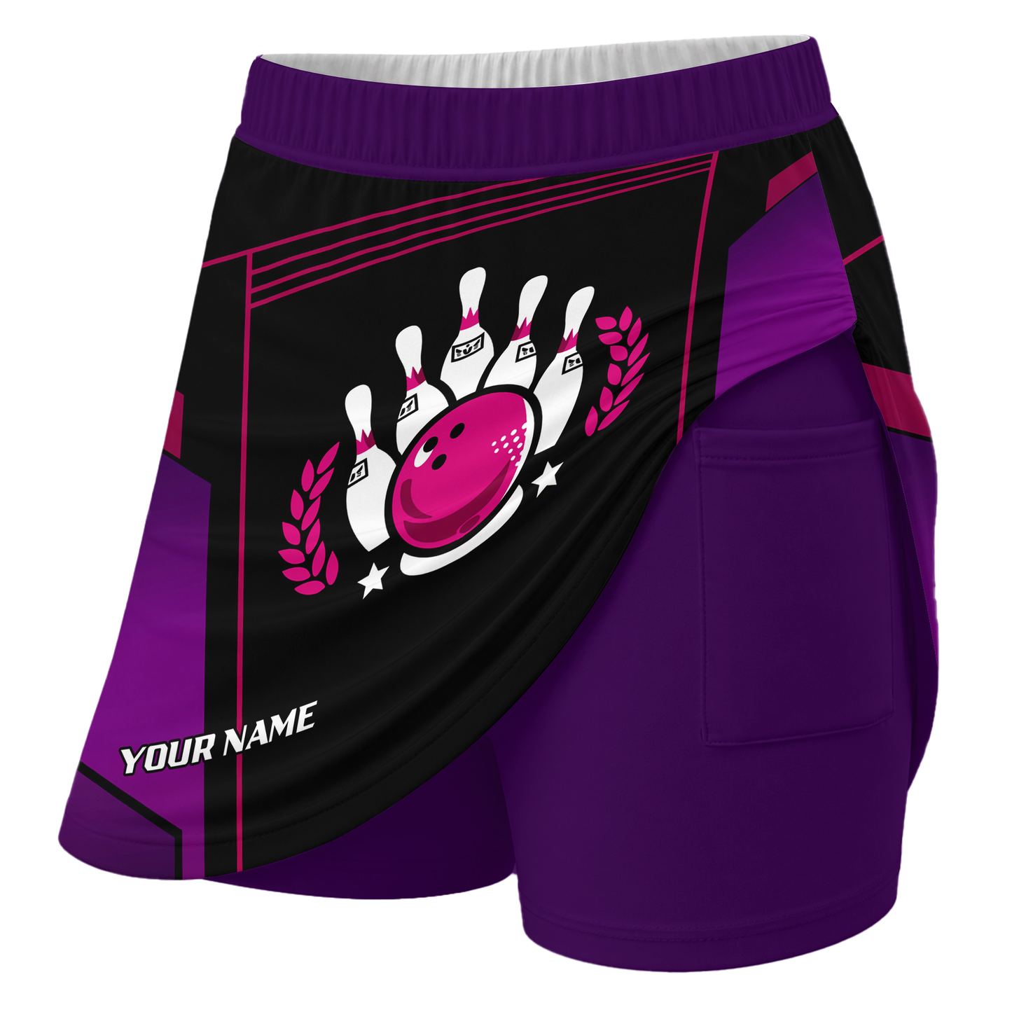 Customized Bowling Trouser Skirts With Shorts Underneath, Bowling Esports Purple Pattern Skorts With Pockets For Bowler