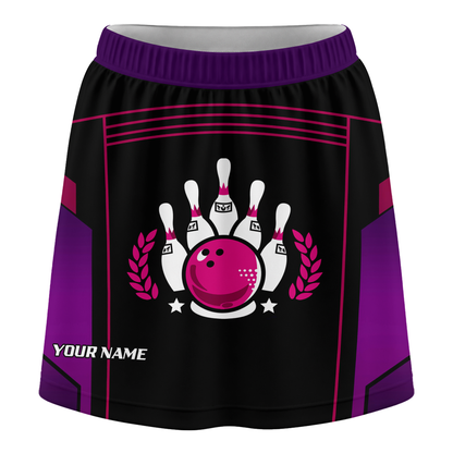 Customized Bowling Trouser Skirts With Shorts Underneath, Bowling Esports Purple Pattern Skorts With Pockets For Bowler