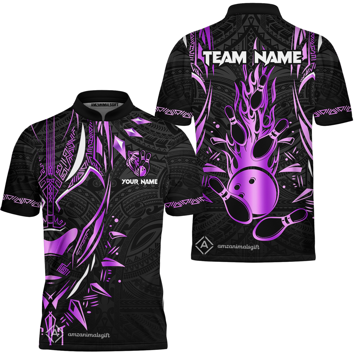 Custom Black Bowling Team Jersey, Panther Forever Bowling Jersey Multicolor Polo Quarter-Zip Shirts, Custom Bowling Uniforms Jerseys