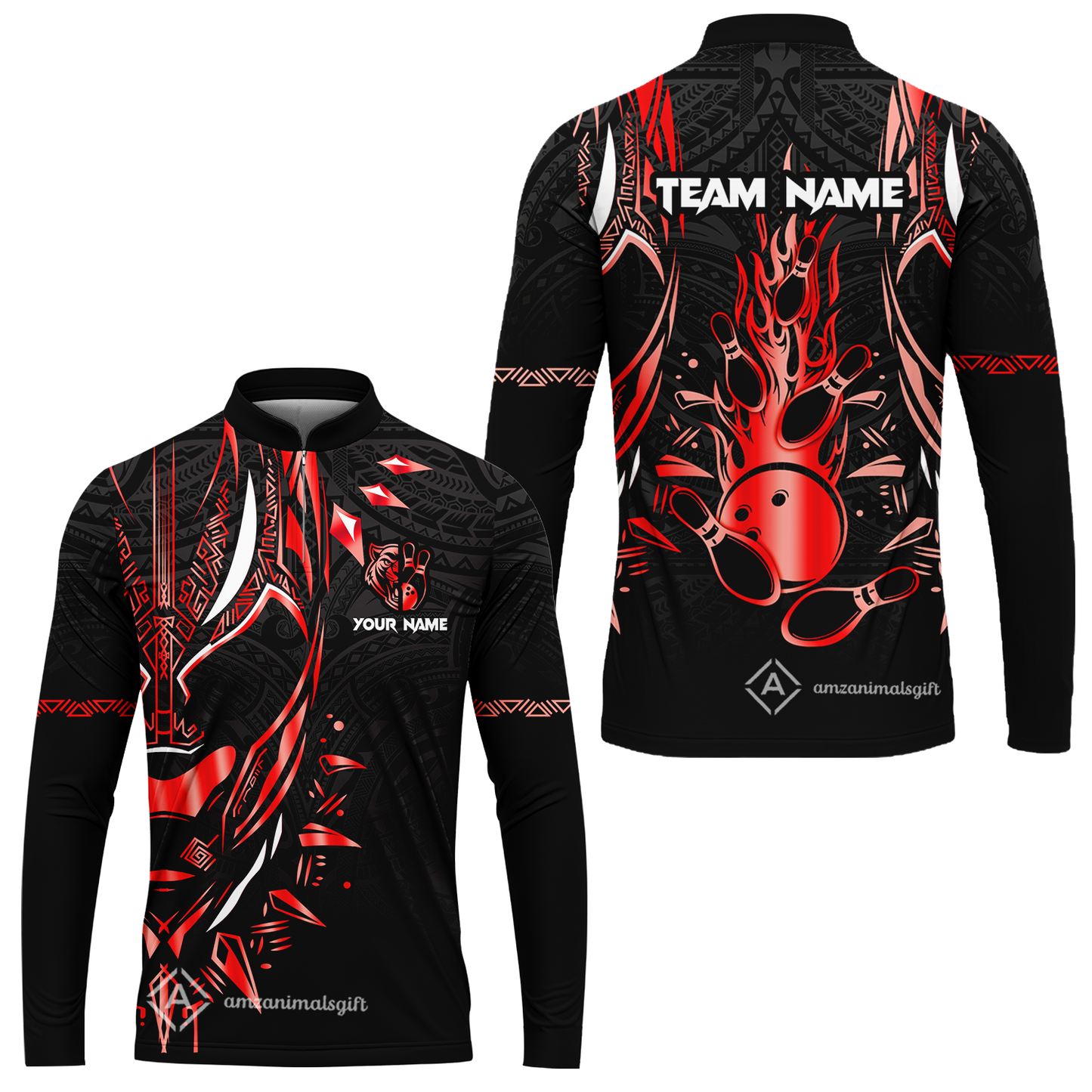 Custom Black Bowling Team Jersey, Panther Forever Bowling Jersey Multicolor Polo Quarter-Zip Shirts, Custom Bowling Uniforms Jerseys