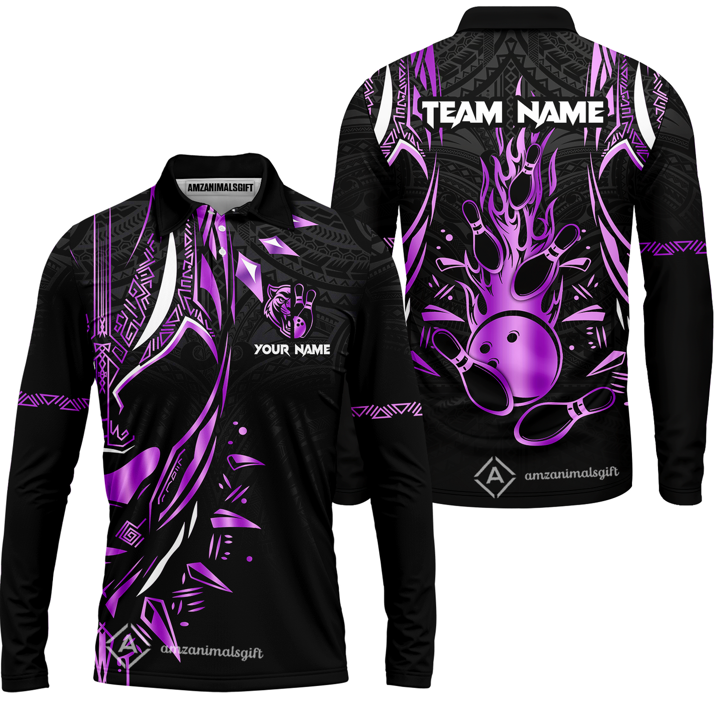 Custom Black Bowling Team Jersey, Panther Forever Bowling Jersey Multicolor Polo Quarter-Zip Shirts, Custom Bowling Uniforms Jerseys