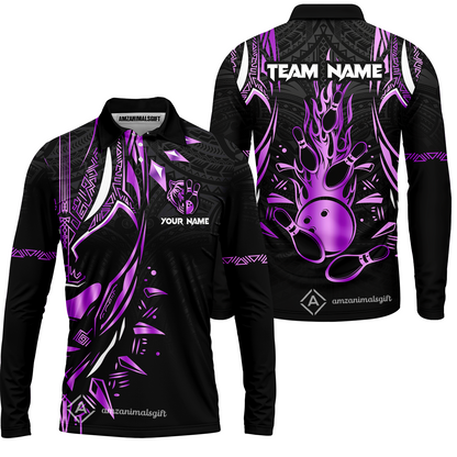 Custom Black Bowling Team Jersey, Panther Forever Bowling Jersey Multicolor Polo Quarter-Zip Shirts, Custom Bowling Uniforms Jerseys