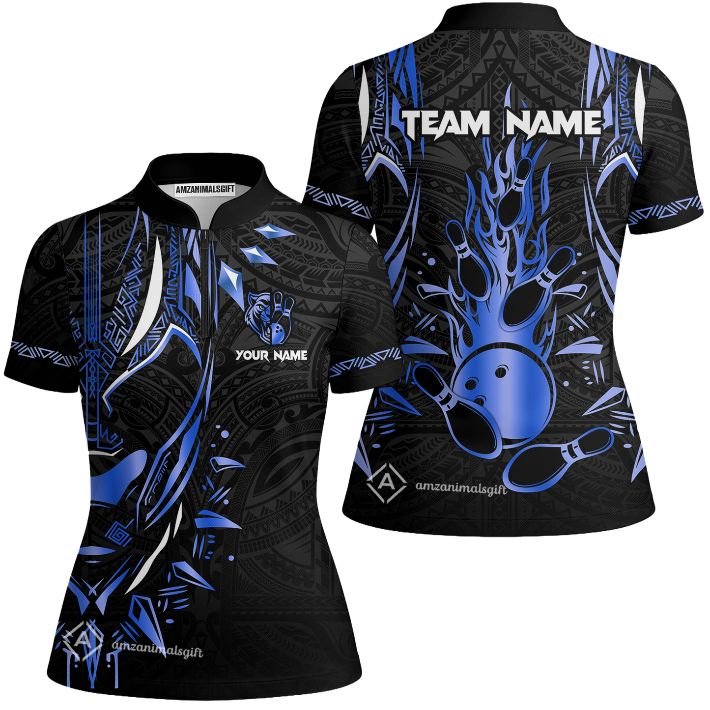 Custom Black Bowling Team Jersey, Panther Forever Bowling Jersey Multicolor Polo Quarter-Zip Shirts, Custom Bowling Uniforms Jerseys