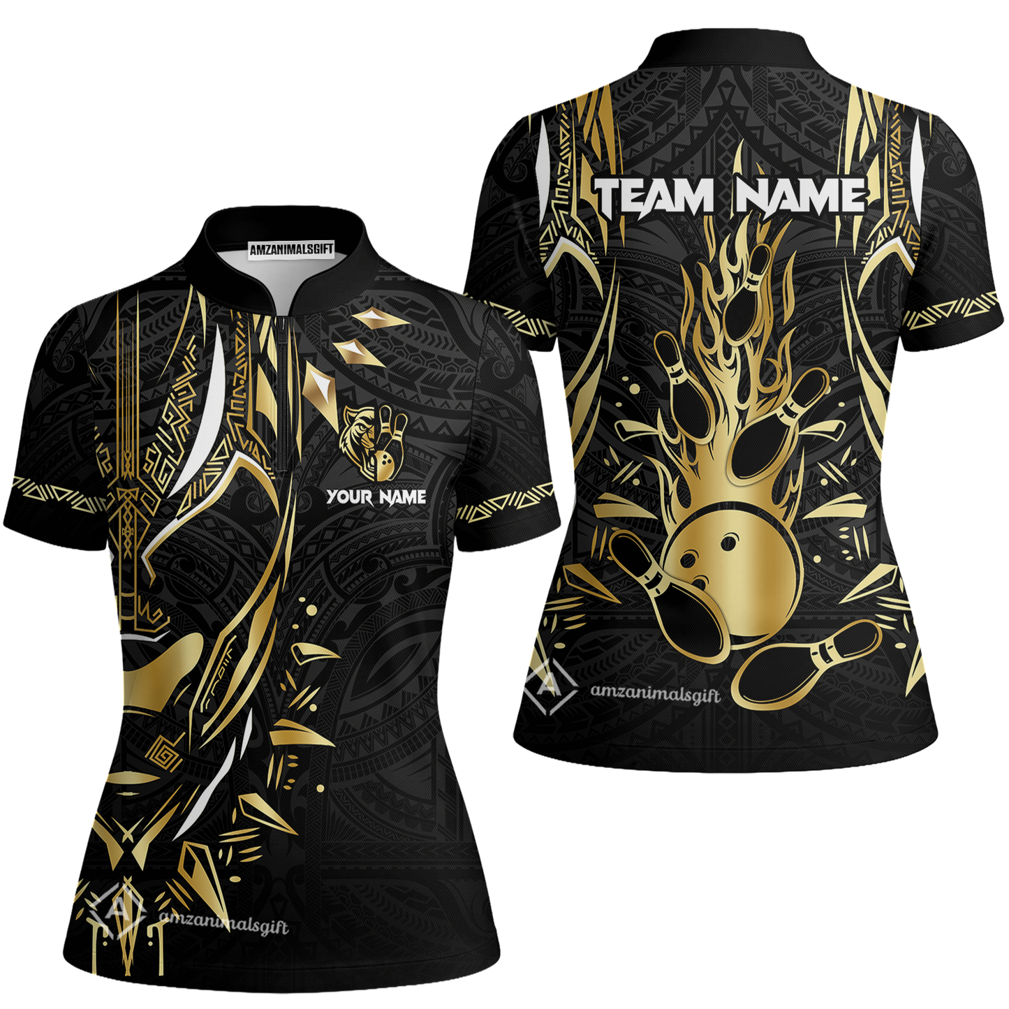 Custom Black Bowling Team Jersey, Panther Forever Bowling Jersey Multicolor Polo Quarter-Zip Shirts, Custom Bowling Uniforms Jerseys