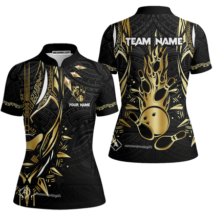 Custom Black Bowling Team Jersey, Panther Forever Bowling Jersey Multicolor Polo Quarter-Zip Shirts, Custom Bowling Uniforms Jerseys