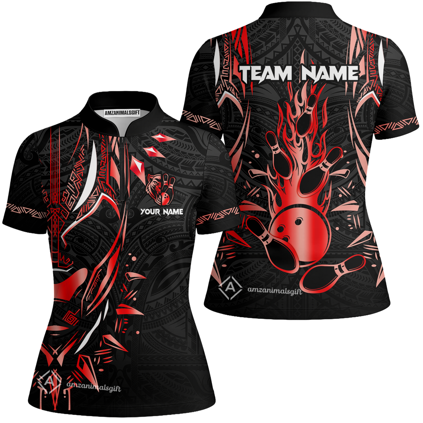 Custom Black Bowling Team Jersey, Panther Forever Bowling Jersey Multicolor Polo Quarter-Zip Shirts, Custom Bowling Uniforms Jerseys