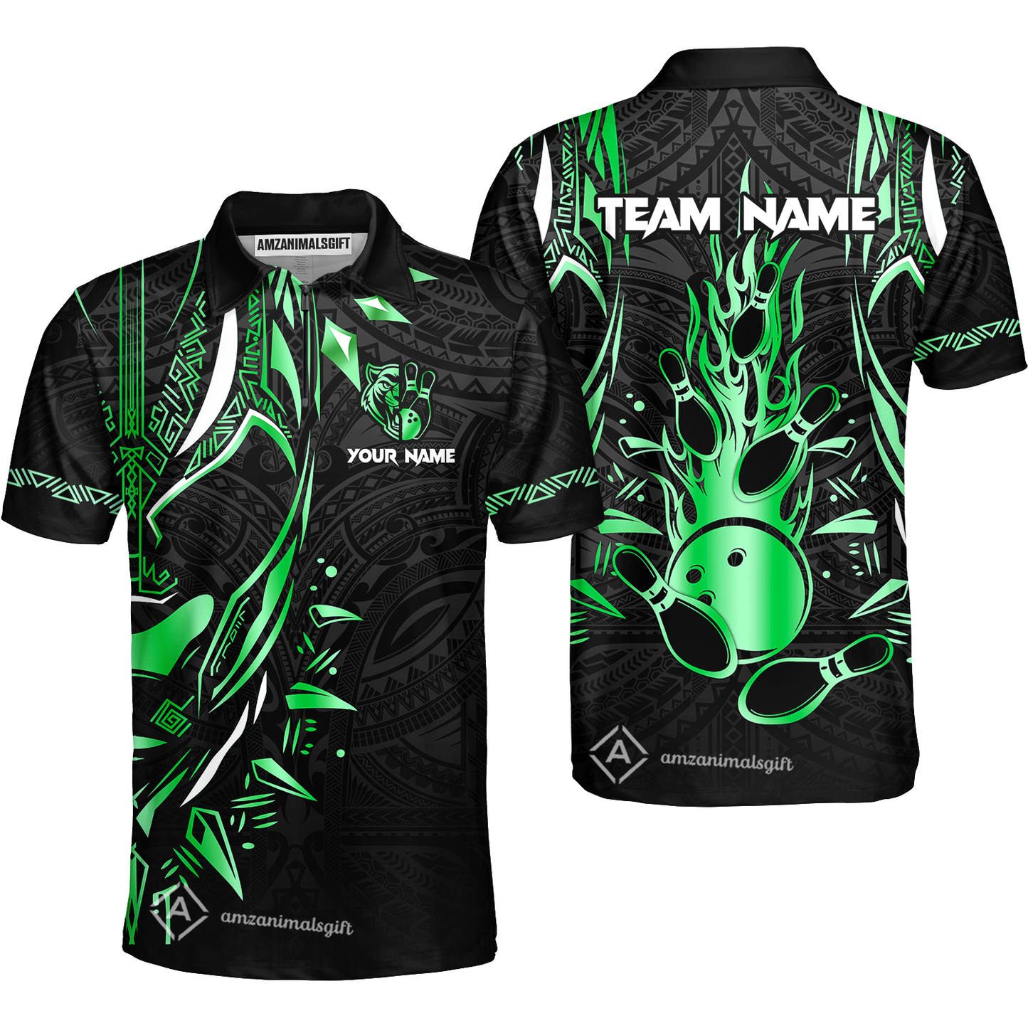 Custom Black Bowling Team Jersey, Panther Forever Bowling Jersey Multicolor Polo Quarter-Zip Shirts, Custom Bowling Uniforms Jerseys