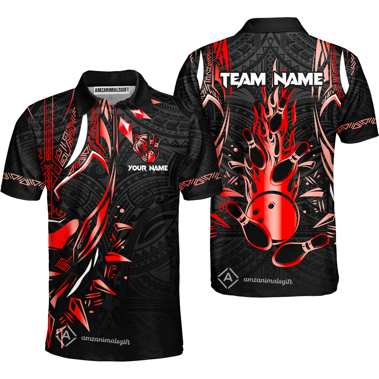 Custom Black Bowling Team Jersey, Panther Forever Bowling Jersey Multicolor Polo Quarter-Zip Shirts, Custom Bowling Uniforms Jerseys