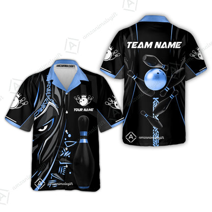 Customized Bowling Team Button Up Shirt Ball & Pins Black Panther, Personalized Name Multicolor Hawaiian Shirt For Bowlers