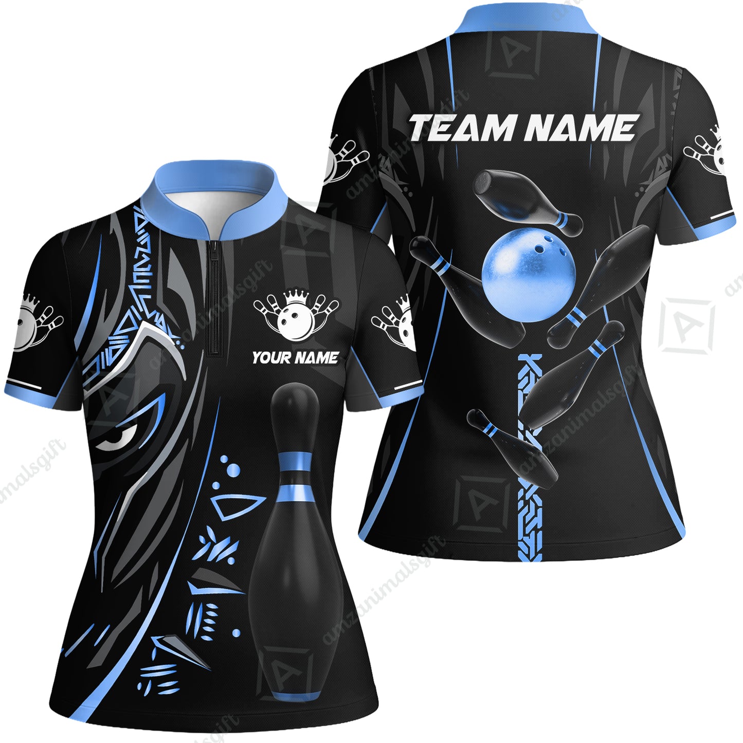 Customized Bowling Team Women Jersey Shirt Bowling Ball & Pins Black Panther, Personalized Name Multicolor Shirt For Bowlers