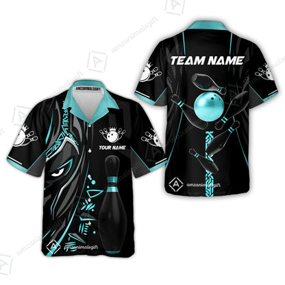 Customized Bowling Team Button Up Shirt Ball & Pins Black Panther, Personalized Name Multicolor Hawaiian Shirt For Bowlers