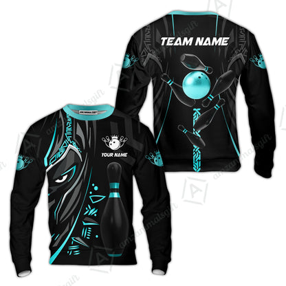 Customized Bowling Team Sweatshirt Bowling Ball & Pins Black Panther, Personalized Name Multicolor Shirt For Bowlers