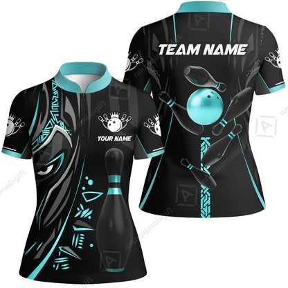 Customized Bowling Team Women Jersey Shirt Bowling Ball & Pins Black Panther, Personalized Name Multicolor Shirt For Bowlers
