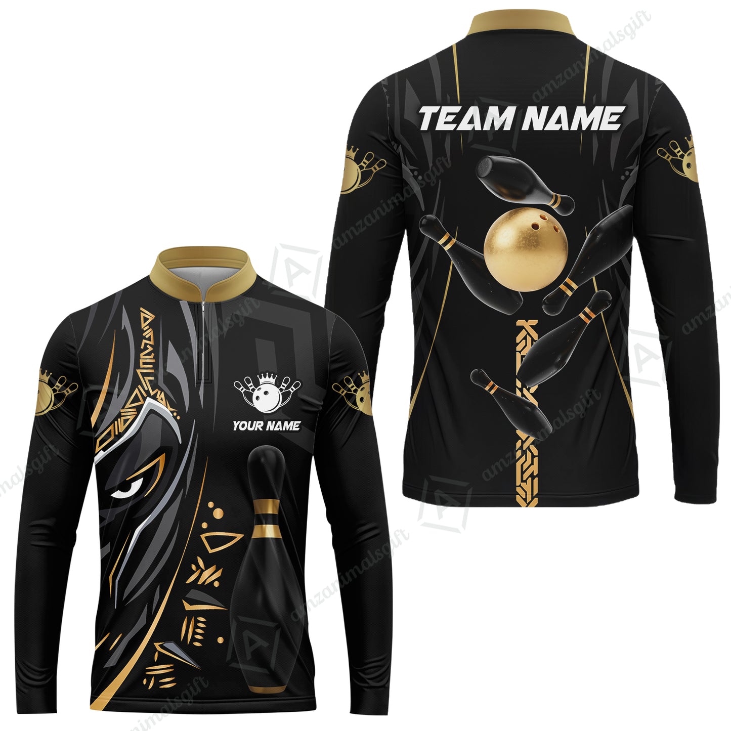Custom Bowling Team Long Sleeve Jersey, Bowling uniforms Ball & Pins Black Panther Pro Sport Multicolor Options Personalized Name And Team Name