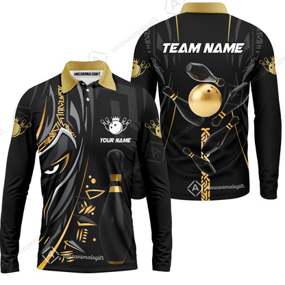 Custom Bowling Team Long Sleeve Polo Shirt , Bowling uniforms Ball & Pins Black Panther Pro Sport Multicolor Options Personalized Name And Team Name