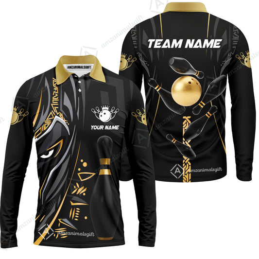 Custom Bowling Team Long Sleeve Polo Shirt , Bowling uniforms Ball & Pins Black Panther Pro Sport Multicolor Options Personalized Name And Team Name