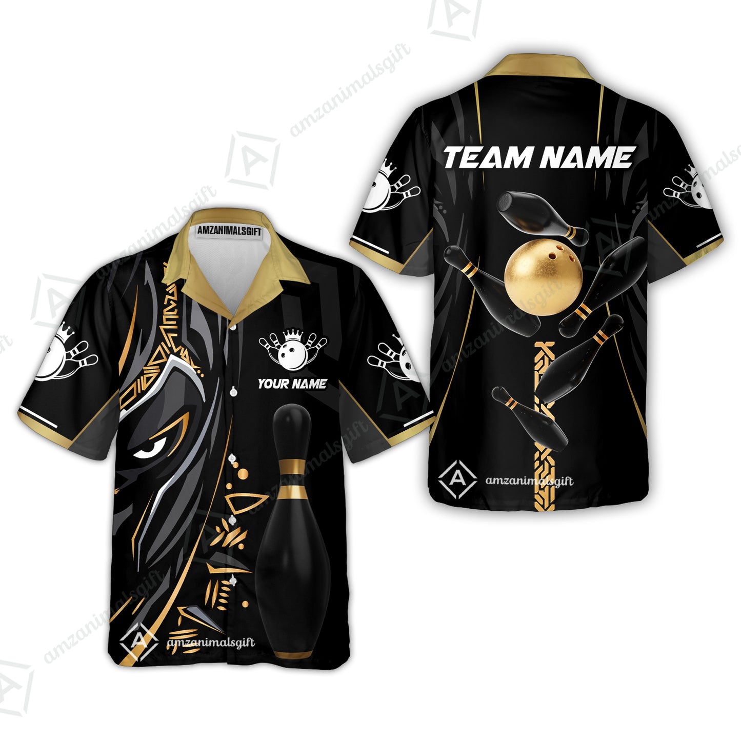Customized Bowling Team Button Up Shirt Ball & Pins Black Panther, Personalized Name Multicolor Hawaiian Shirt For Bowlers