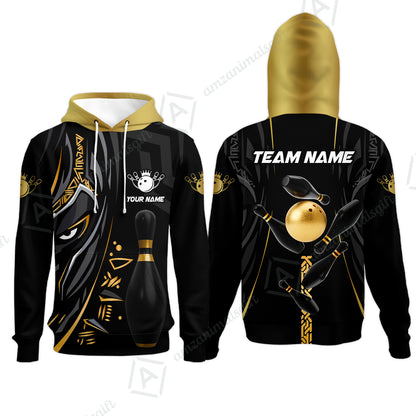Customized Bowling Team Hoodie Bowling Ball & Pins Black Panther, Personalized Name Multicolor Shirt For Bowlers