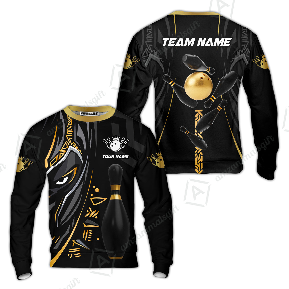 Customized Bowling Team Sweatshirt Bowling Ball & Pins Black Panther, Personalized Name Multicolor Shirt For Bowlers