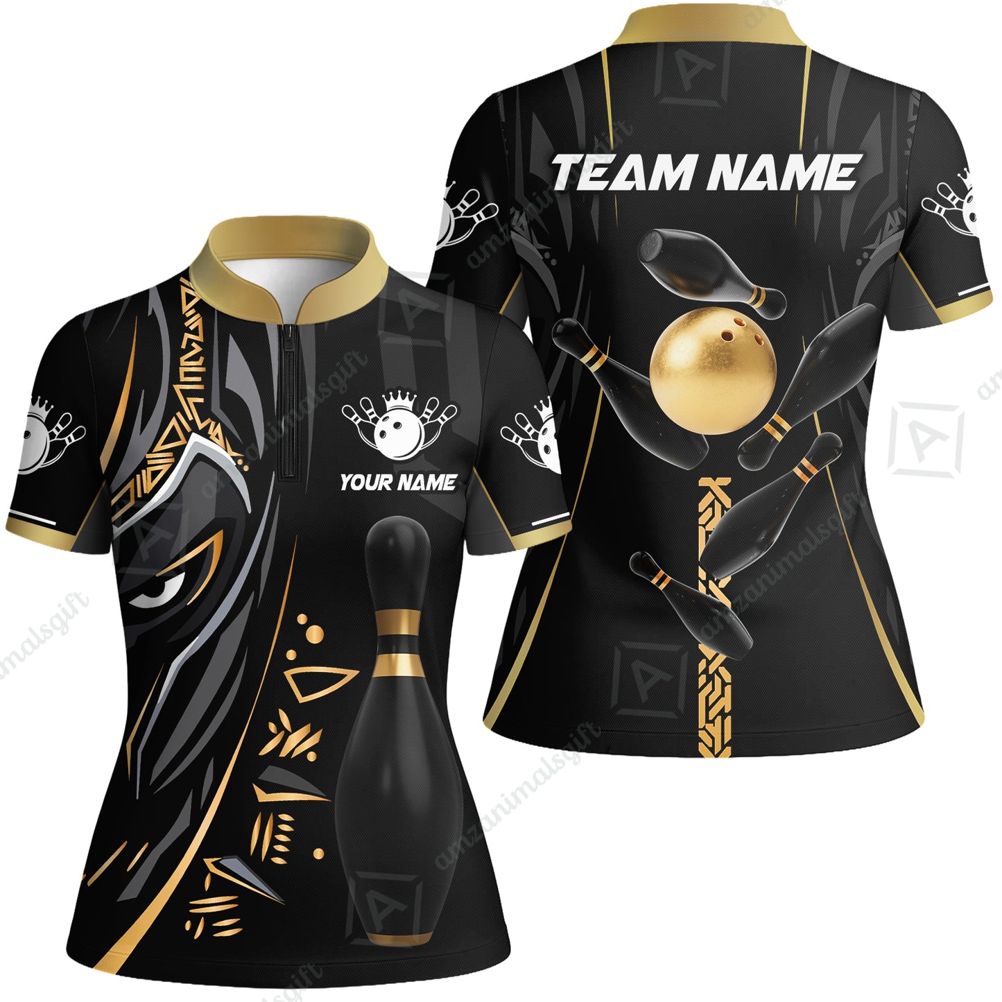 Customized Bowling Team Women Jersey Shirt Bowling Ball & Pins Black Panther, Personalized Name Multicolor Shirt For Bowlers