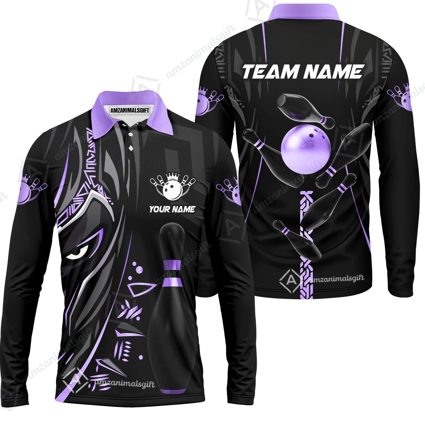 Custom Bowling Team Long Sleeve Polo Shirt , Bowling uniforms Ball & Pins Black Panther Pro Sport Multicolor Options Personalized Name And Team Name