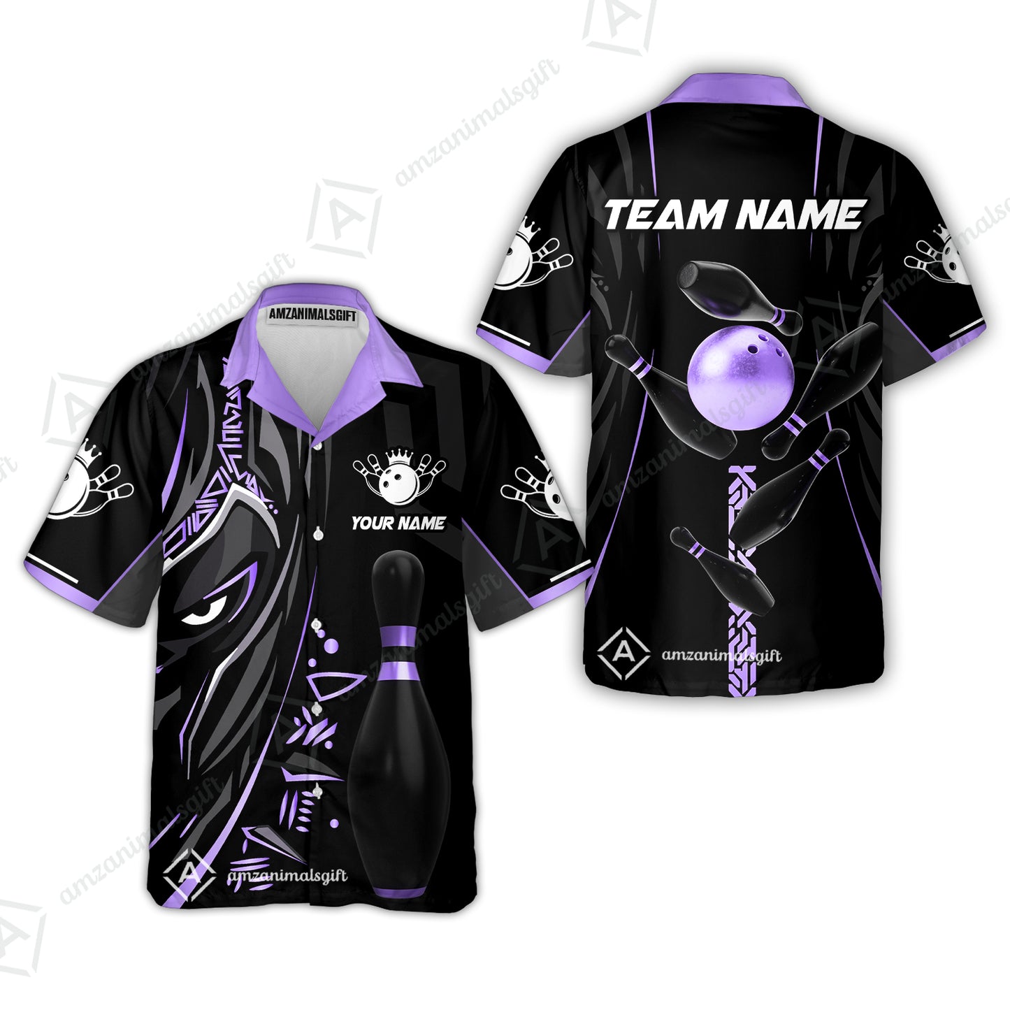 Customized Bowling Team Button Up Shirt Ball & Pins Black Panther, Personalized Name Multicolor Hawaiian Shirt For Bowlers