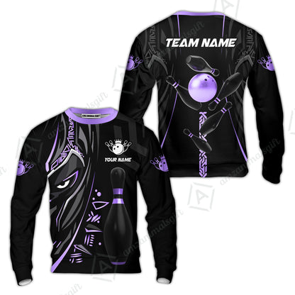 Customized Bowling Team Sweatshirt Bowling Ball & Pins Black Panther, Personalized Name Multicolor Shirt For Bowlers