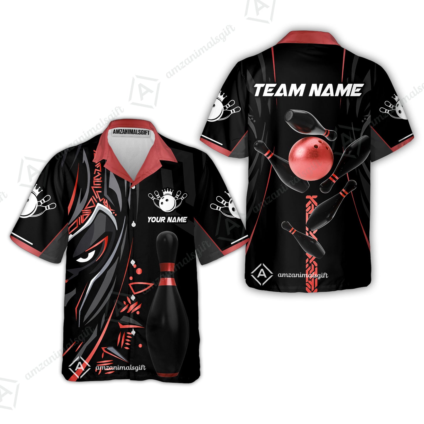 Customized Bowling Team Button Up Shirt Ball & Pins Black Panther, Personalized Name Multicolor Hawaiian Shirt For Bowlers