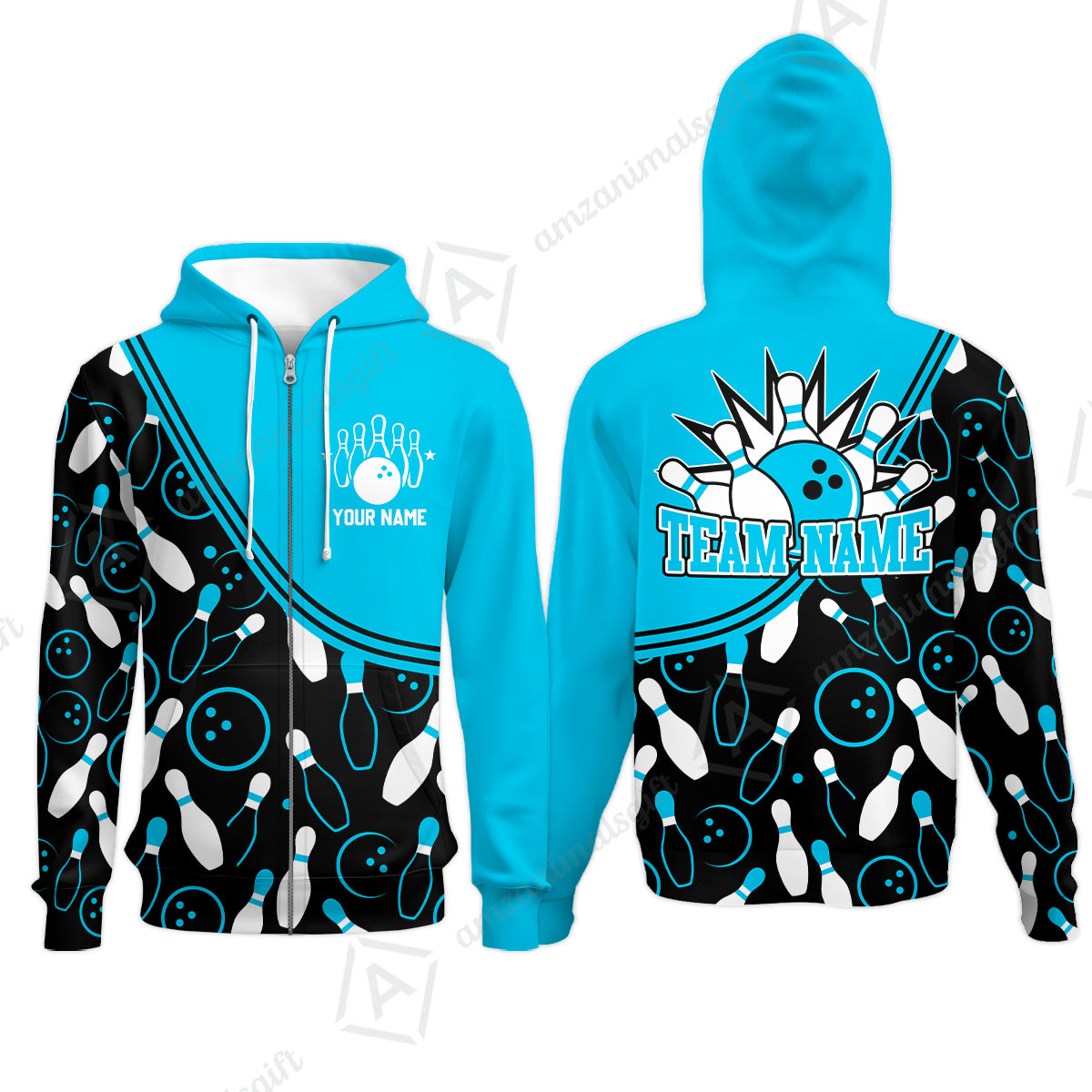Customized Bowling Zip Hoodie, Custom Multicolor Bowling Style Uniform Zip Hoodie For Bowlers