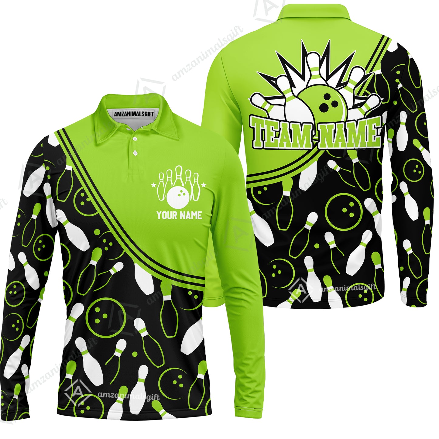 Customized Bowling Long Sleeve Polo Shirt , Custom Multicolor Bowling Style Uniform Long Sleeve Polo Shirt  For Bowlers
