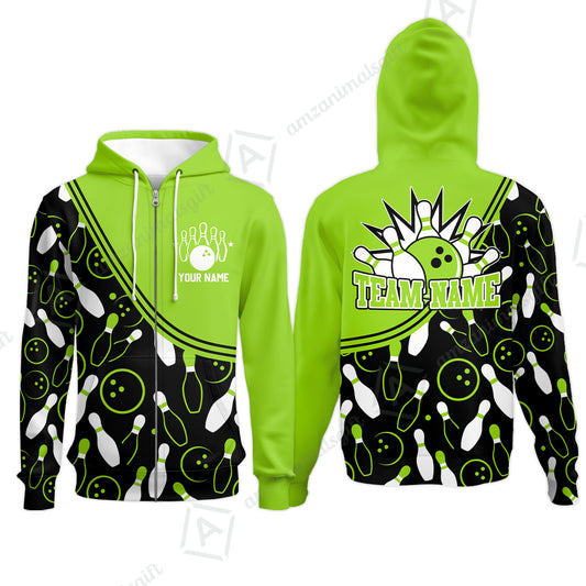 Customized Bowling Zip Hoodie, Custom Multicolor Bowling Style Uniform Zip Hoodie For Bowlers