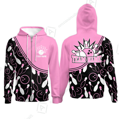 Customized Bowling Zip Hoodie, Custom Multicolor Bowling Style Uniform Zip Hoodie For Bowlers