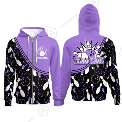 Customized Bowling Zip Hoodie, Custom Multicolor Bowling Style Uniform Zip Hoodie For Bowlers