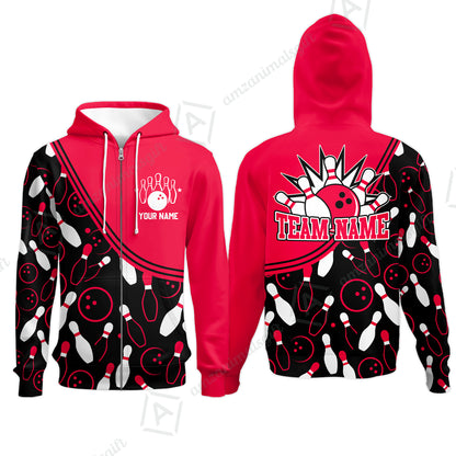 Customized Bowling Zip Hoodie, Custom Multicolor Bowling Style Uniform Zip Hoodie For Bowlers