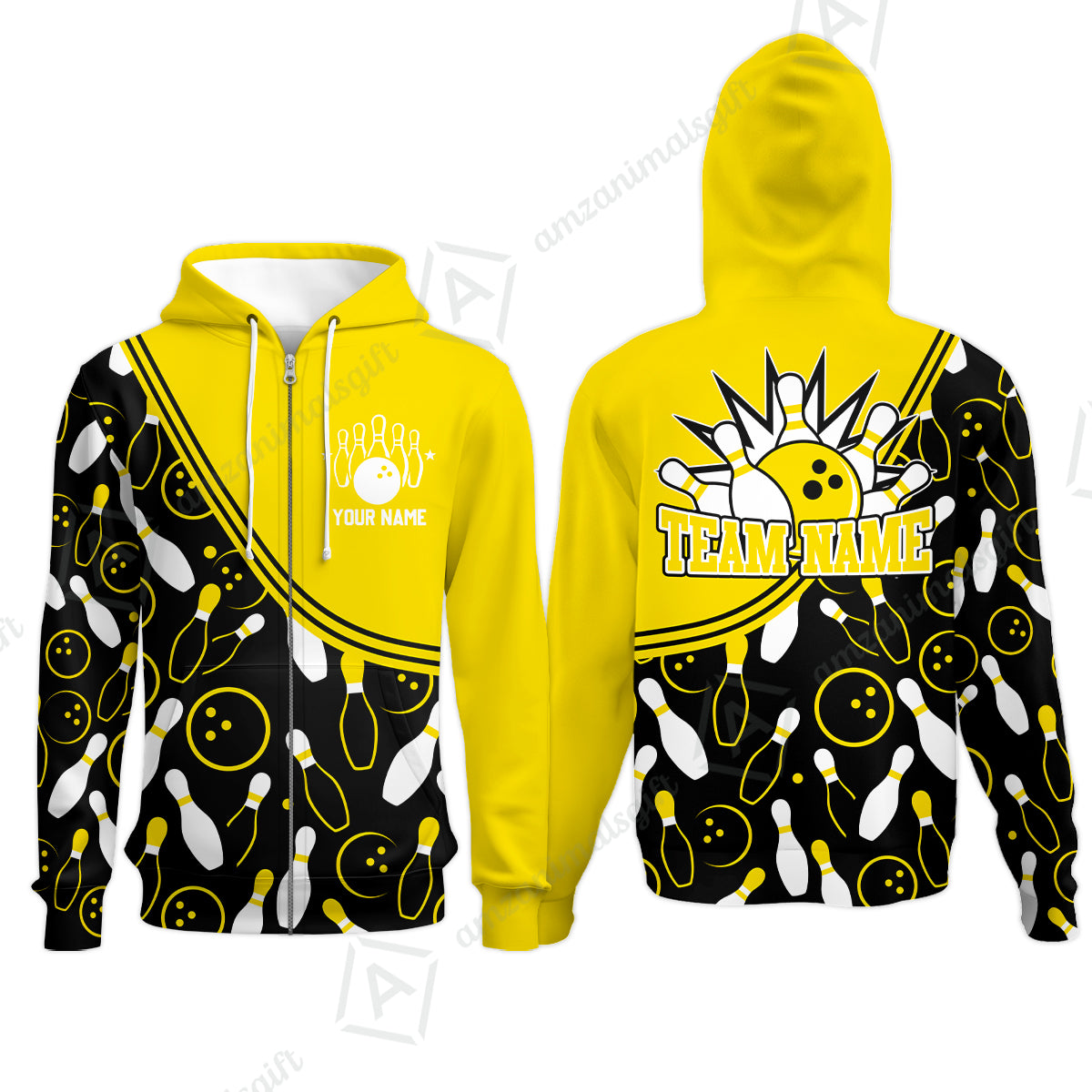 Customized Bowling Zip Hoodie, Custom Multicolor Bowling Style Uniform Zip Hoodie For Bowlers