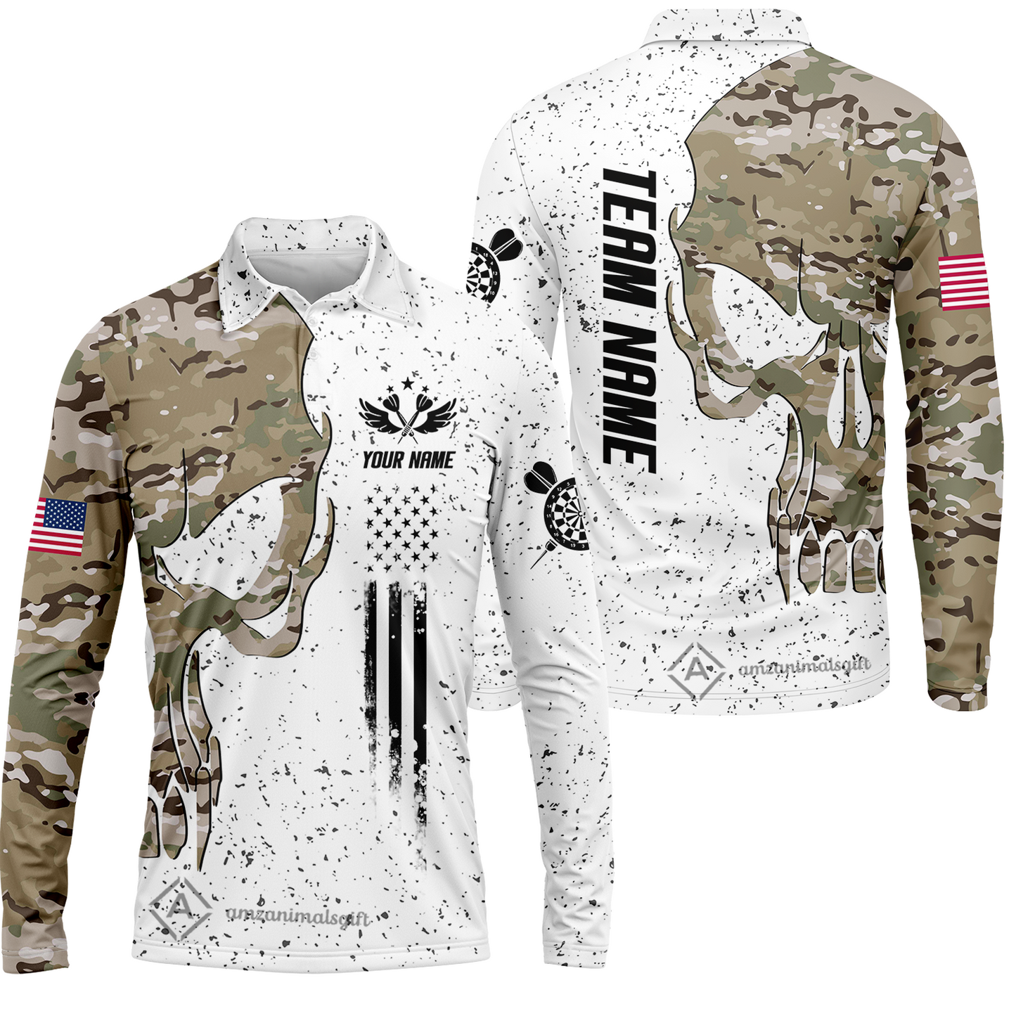 Customized American Flag Darts Polo Shirt, Darts Camo Skull Team Style Jersey Polo Shirt, Outfit for Darts Players