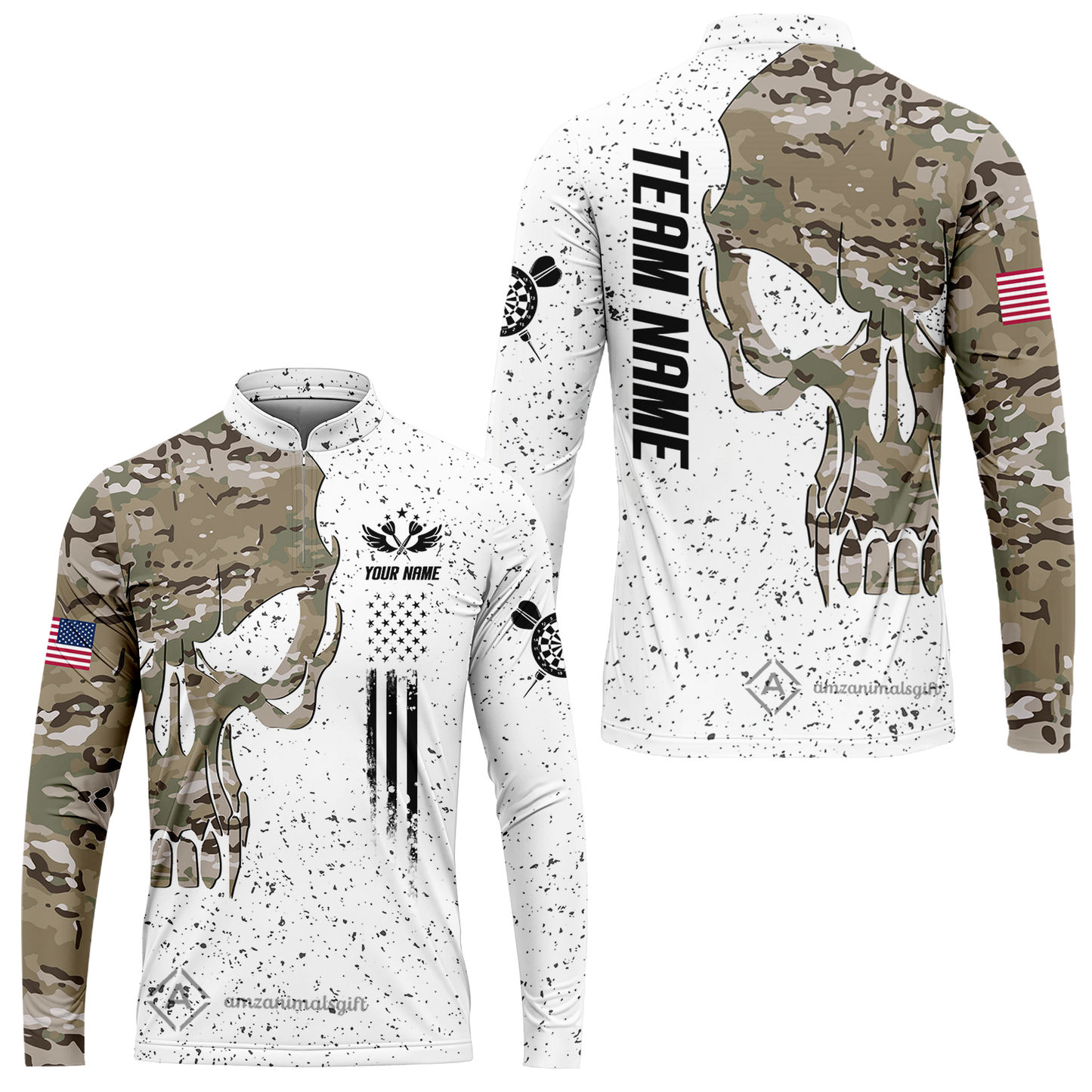 Customized American Flag Darts Polo Shirt, Darts Camo Skull Team Style Jersey Polo Shirt, Outfit for Darts Players