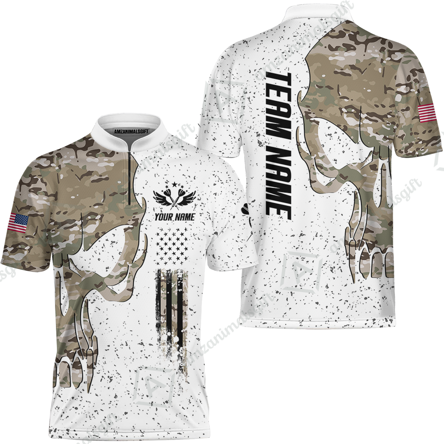 Customized American Flag Darts Polo Shirt, Darts Camo Skull Team Style Jersey Polo Shirt, Outfit for Darts Players