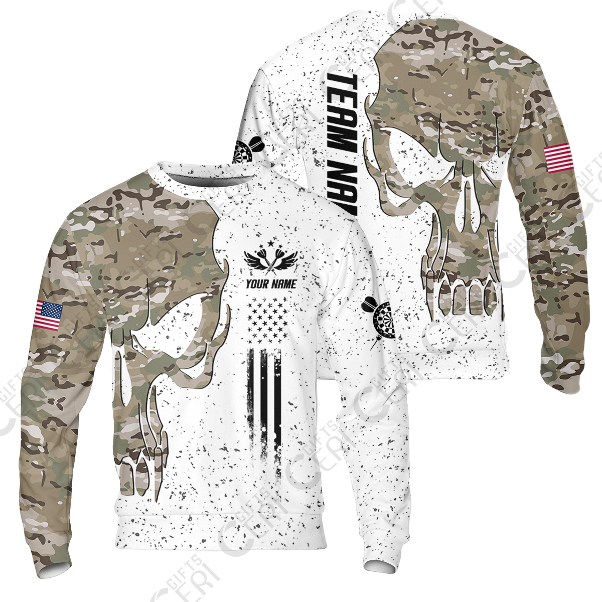 Customized American Flag Darts Polo Shirt, Darts Camo Skull Team Style Jersey Polo Shirt, Outfit for Darts Players