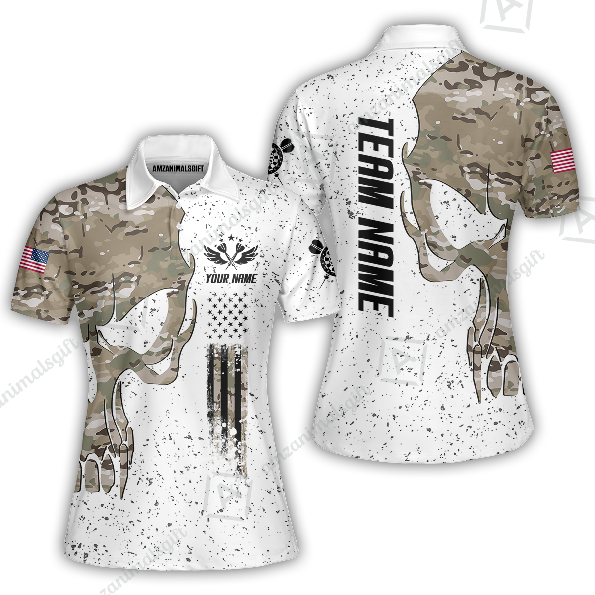 Customized American Flag Darts Polo Shirt, Darts Camo Skull Team Style Jersey Polo Shirt, Outfit for Darts Players