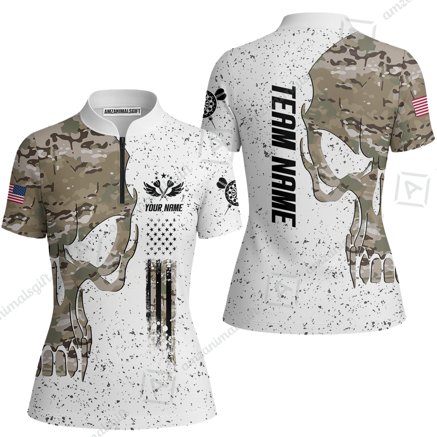 Customized American Flag Darts Polo Shirt, Darts Camo Skull Team Style Jersey Polo Shirt, Outfit for Darts Players