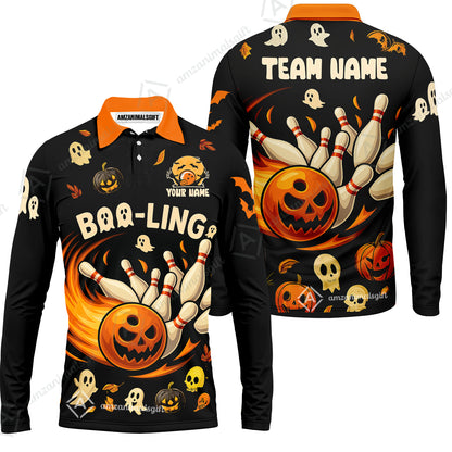 Customized Bowling Team Polo Jersey, Bowling Halloween Pumpkin Booling Style Uniform Shirt For Bowlers