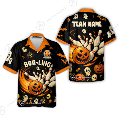 Customized Bowling Team Polo Jersey, Bowling Halloween Pumpkin Booling Style Uniform Shirt For Bowlers