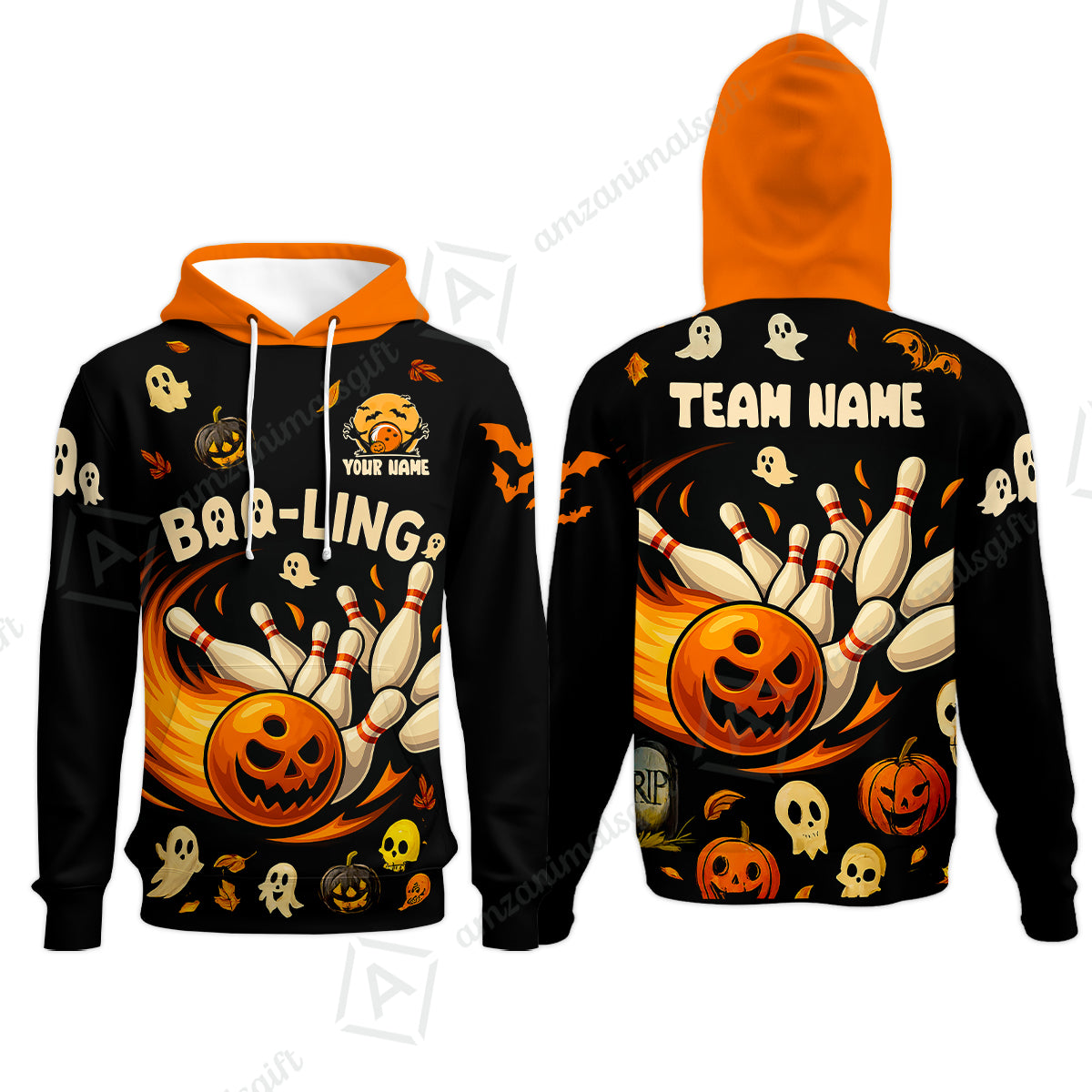 Customized Bowling Team Polo Jersey, Bowling Halloween Pumpkin Booling Style Uniform Shirt For Bowlers