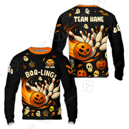 Customized Bowling Team Polo Jersey, Bowling Halloween Pumpkin Booling Style Uniform Shirt For Bowlers