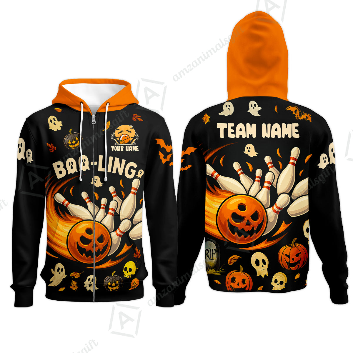 Customized Bowling Team Polo Jersey, Bowling Halloween Pumpkin Booling Style Uniform Shirt For Bowlers