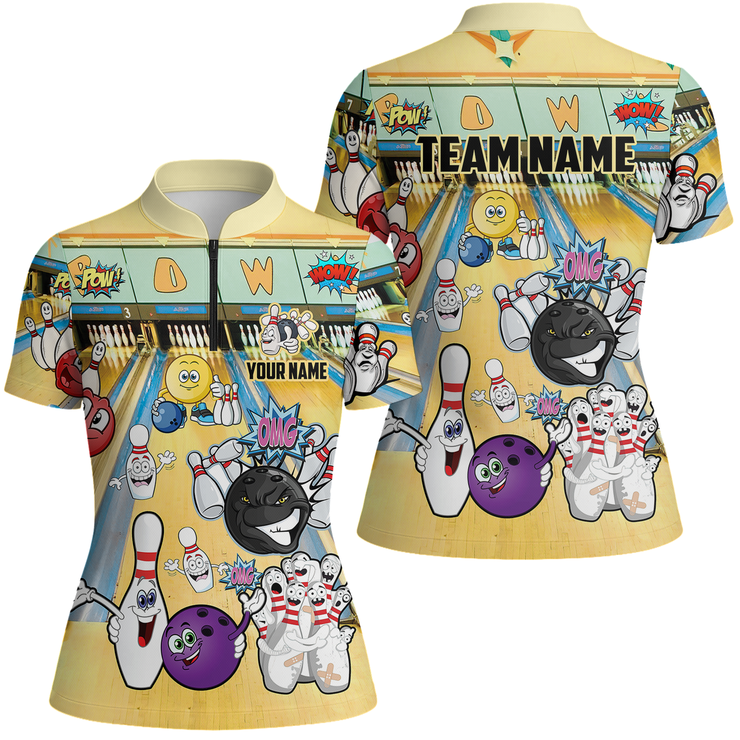 Custom Bowling Team Polo Jersey Shirts, Split Happens Bowling Zip Polo Shirts For Men and Women, Uniform Shirt For Bowlers