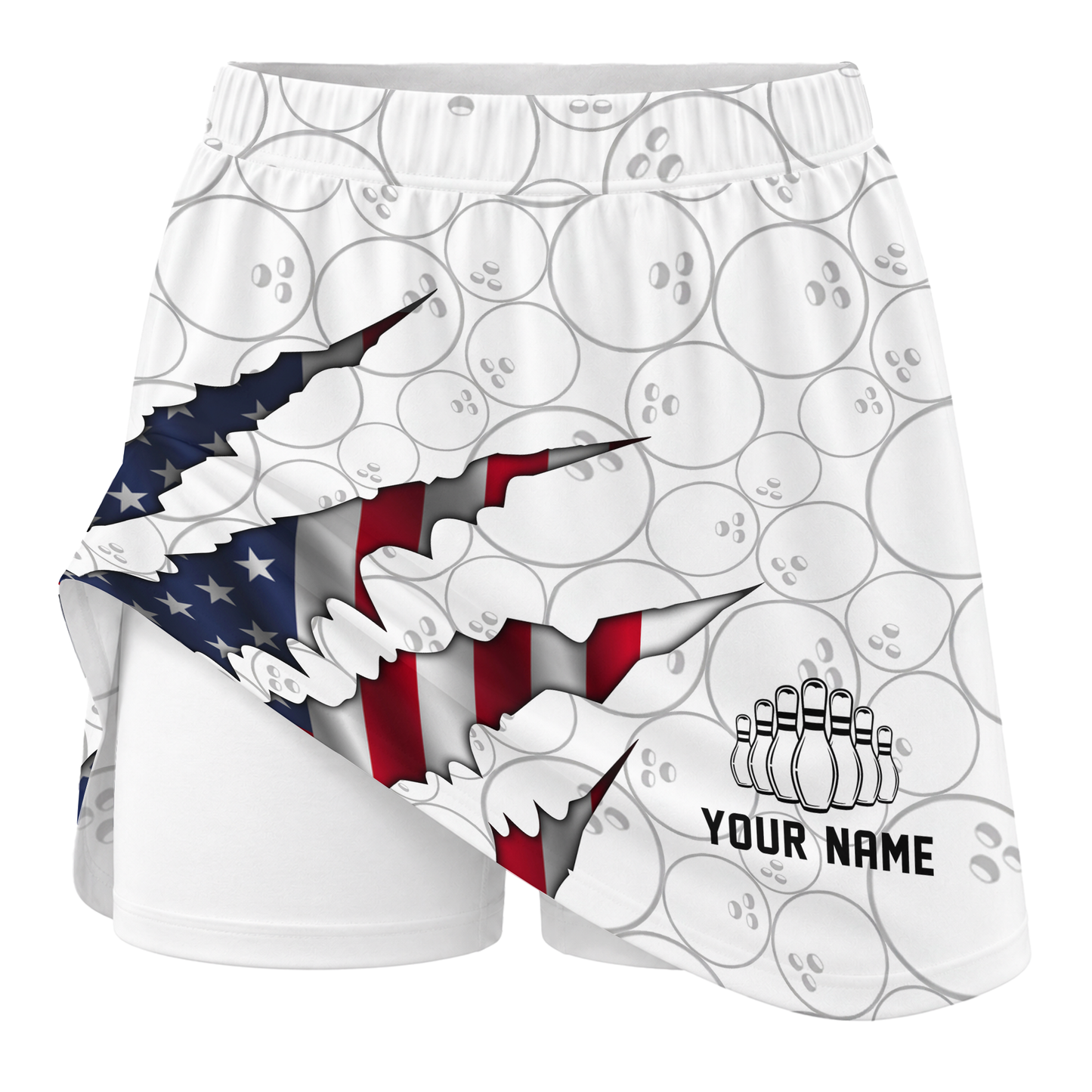 Customized Bowling Trouser Skirts With Shorts Underneath, Bowling American Flag Scratches Skorts With Pockets