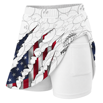 Customized Bowling Trouser Skirts With Shorts Underneath, Bowling American Flag Scratches Skorts With Pockets