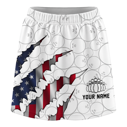 Customized Bowling Trouser Skirts With Shorts Underneath, Bowling American Flag Scratches Skorts With Pockets